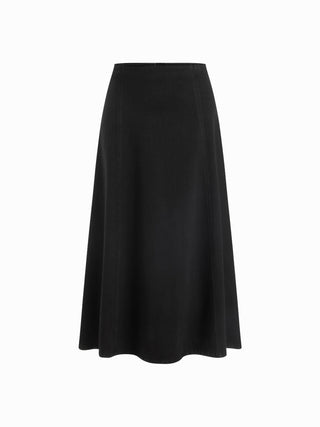 Stretch Denim High Rise Washed Pleated A-line Flare Midi Skirt