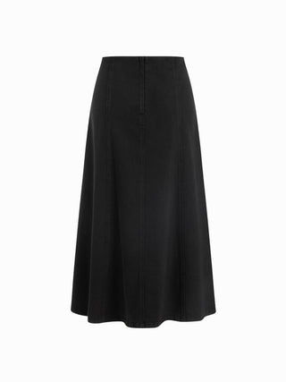 Stretch Denim High Rise Washed Pleated A-line Flare Midi Skirt