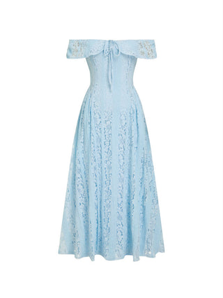 Lace Sculptural Off-Shoulder Knotted Flared Maxi Dress