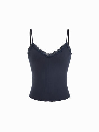 Textured V-neck Lace Trim Cami Top