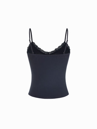 Textured V-neck Lace Trim Cami Top