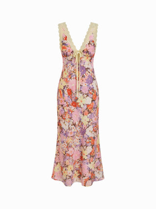 Floral V-neck Lace Trim Tie Front Mermaid Maxi Dress