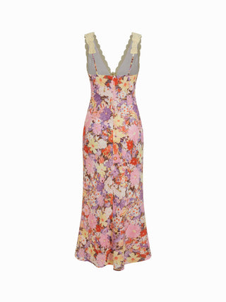 Floral V-neck Lace Trim Tie Front Mermaid Maxi Dress