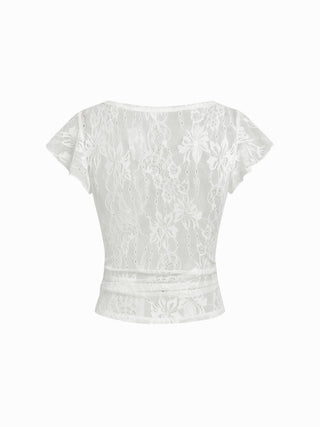 Lace Round Neckline See-Through Short Sleeve Top