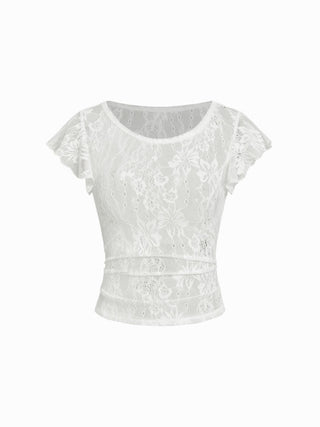 Lace Round Neckline See-Through Short Sleeve Top