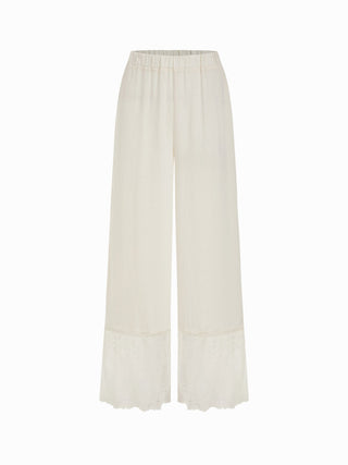 Lace Trim V-neck Top & High Rise Wide Leg Trousers Loungewear Set