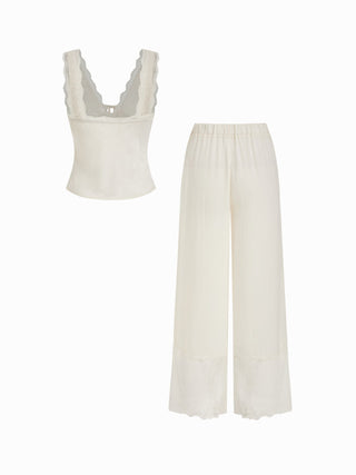 Lace Trim V-neck Top & High Rise Wide Leg Trousers Loungewear Set