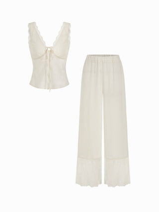 Lace Trim V-neck Top & High Rise Wide Leg Trousers Loungewear Set