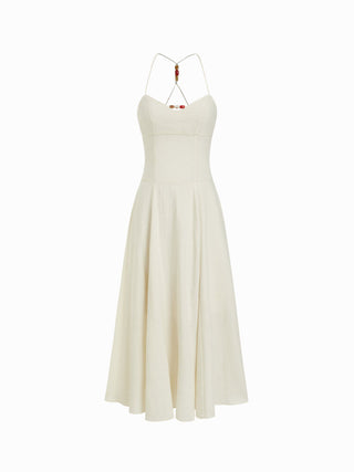 Linen-blend Sweetheart Neckline Beaded Backless Maxi Cami Dress