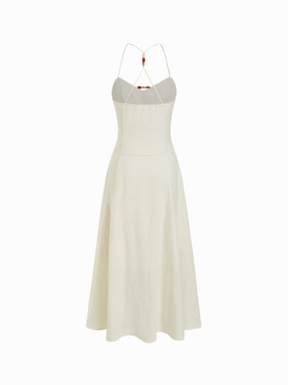 Linen-blend Sweetheart Neckline Beaded Backless Maxi Cami Dress