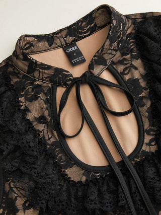 Lace Floral Mandarin Collar Tie Front Top