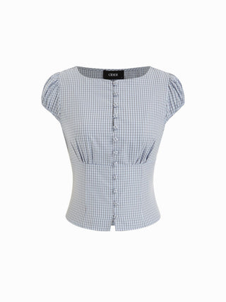 Red Gingham Square Neck Puff Sleeve Blouse