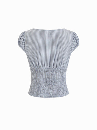 Red Gingham Square Neck Puff Sleeve Blouse