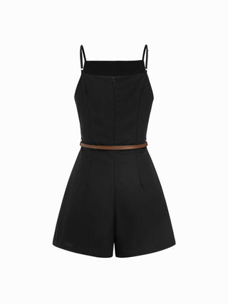 Linen-blend Square Neck Mid Rise Metal Detail Cami Romper With Belt