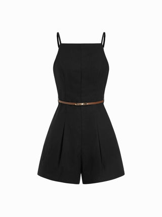Linen-blend Square Neck Mid Rise Metal Detail Cami Romper With Belt