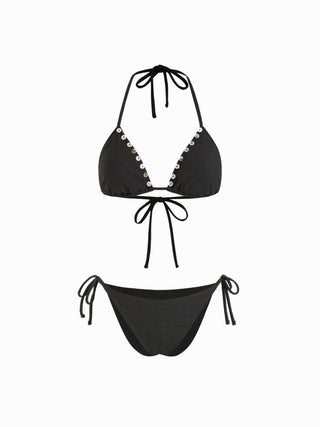 Ribbed Shell  Button Side-Tie Triangle Bikini Set