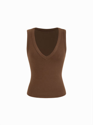 Cotton-blend Ribbed V-neck High Stretch Tank Top