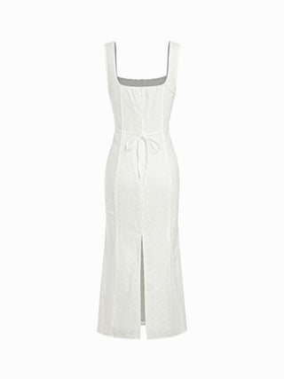 Cotton Eyelet Square Neck Bowknot Mermaid Maxi Dress