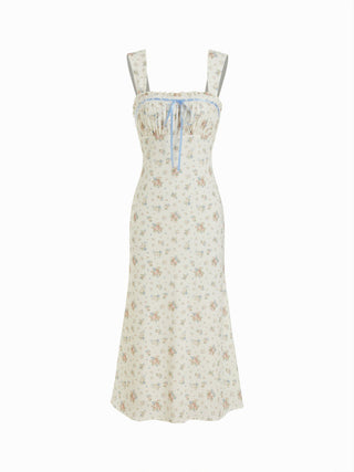 Plisse Floral Square Neck Bowknot Lace Trim Mermaid Midi Dress