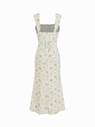 Plisse Floral Square Neck Bowknot Lace Trim Mermaid Midi Dress