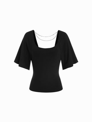 Scoop Neck Batwing Sleeve Backless Metal Detail Top