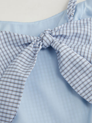 Cotton-blend Gingham Scoop Neck Ruffle Bowknot Flared Maxi Dress