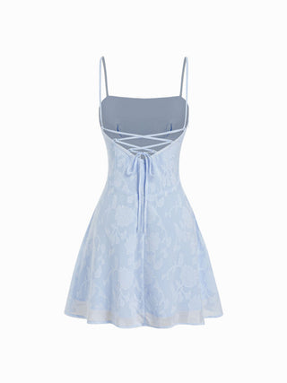 Jacquard Floral Square Neck Ruched A-line Mini Dress