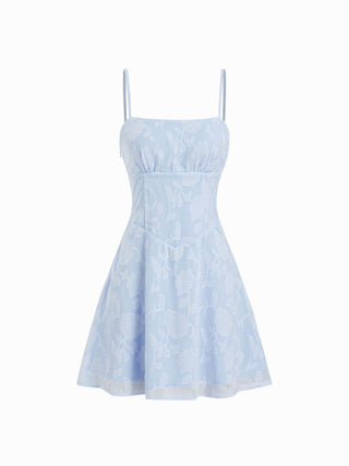 Jacquard Floral Square Neck Ruched A-line Mini Dress