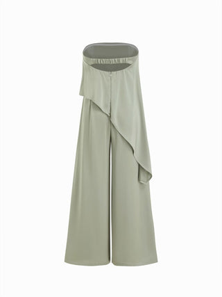 Satin Strapless Asymmetrical Mid Rise Oversized Wide Leg Jumpsuit