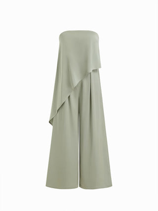 Satin Strapless Asymmetrical Mid Rise Oversized Wide Leg Jumpsuit
