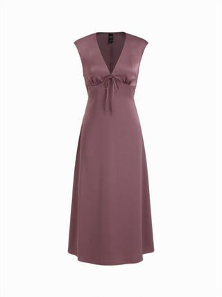 Satin V-neck Twist Knotted A-line Maxi Dress