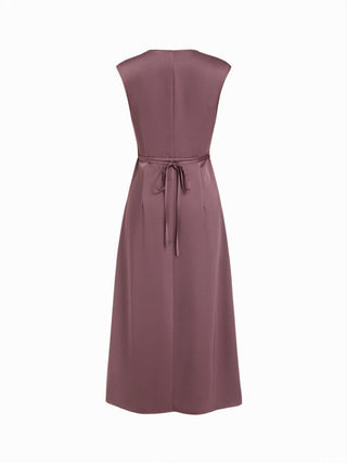 Satin V-neck Twist Knotted A-line Maxi Dress