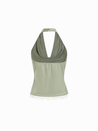 Satin Halter Neck Lace Trim Ruched Top