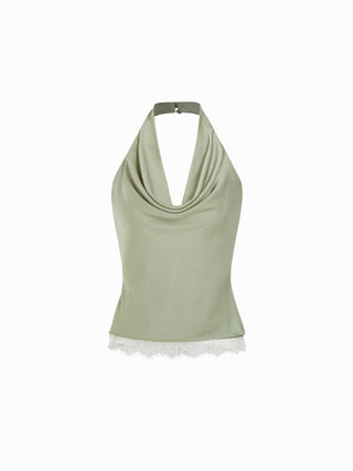 Satin Halter Neck Lace Trim Ruched Top