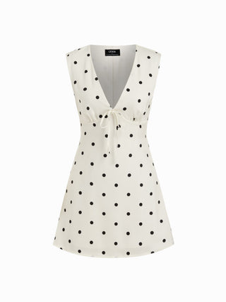 Satin V-neck Ruched Knotted Tie Back Mini Dress