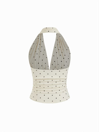 Cotton-blend Halter Cowl Neck Polka Dot Ruched Top