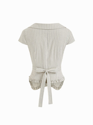 Cotton Striped Scoop Neck Ruffle Hem Bowknot Short Sleeve Blouse