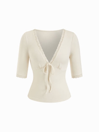 V-neck Middle Sleeve Lace Trim Tie Front Top