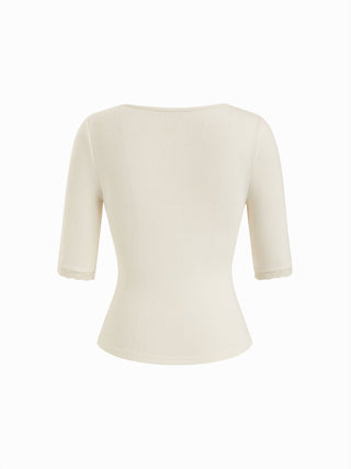 V-neck Middle Sleeve Lace Trim Tie Front Top