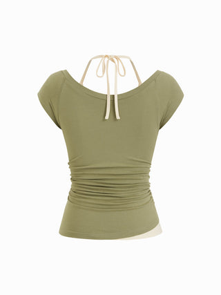 Cotton-blend Eye Graphic Halter V-neck Metal Detail Ruched Short Sleeve Tee