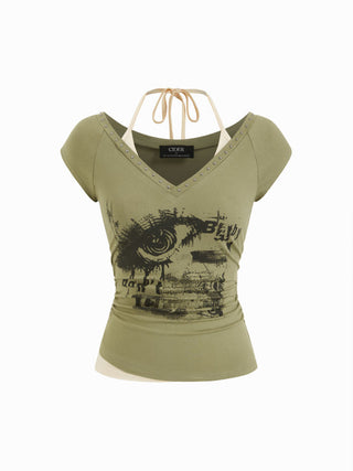 Cotton-blend Eye Graphic Halter V-neck Metal Detail Ruched Short Sleeve Tee