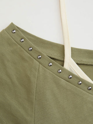 Cotton-blend Eye Graphic Halter V-neck Metal Detail Ruched Short Sleeve Tee