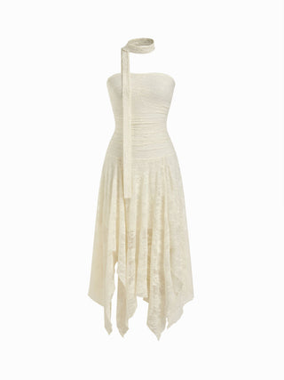 Asymmetric Lace Strapless Maxi Dress with Choker Scarf