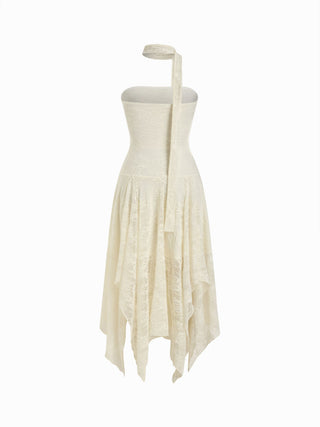 Asymmetric Lace Strapless Maxi Dress with Choker Scarf