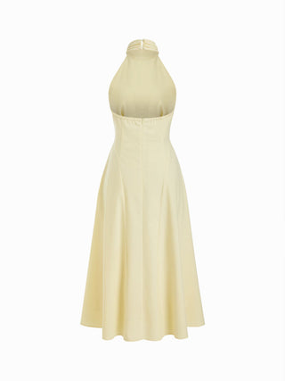Linen-blend Halter Neckline Ruched A-line Maxi Dress