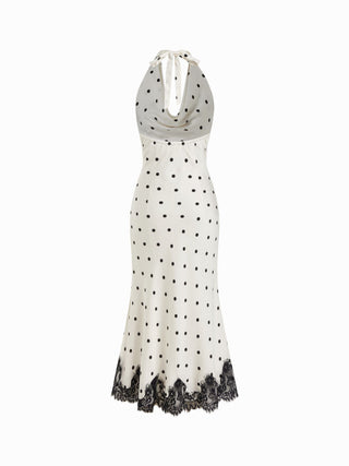 Satin Polka Dot Halter Neckline Backless Lace Trim Mermaid Maxi Dress