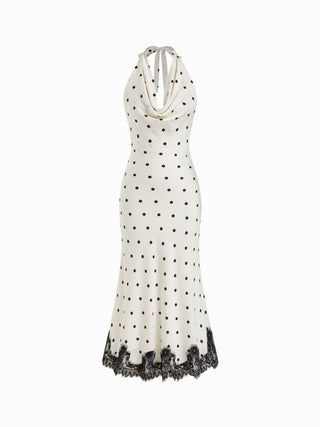 Satin Polka Dot Halter Neckline Backless Lace Trim Mermaid Maxi Dress