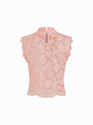 Lace Mandarin Collar Floral See-through Tank Top