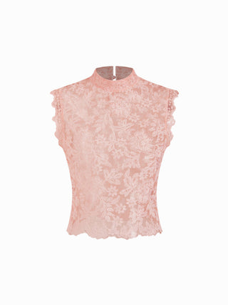 Lace Mandarin Collar Floral See-through Tank Top