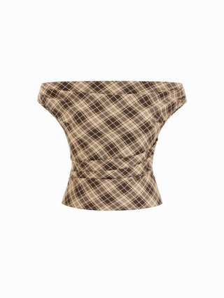 Off-shoulder Tartan Ruched Crop Top